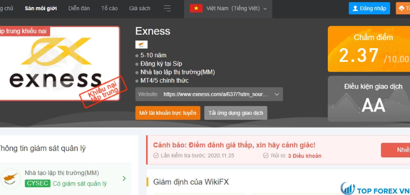 WikiFX đánh giá Exness 2.37 trên 10 điểm