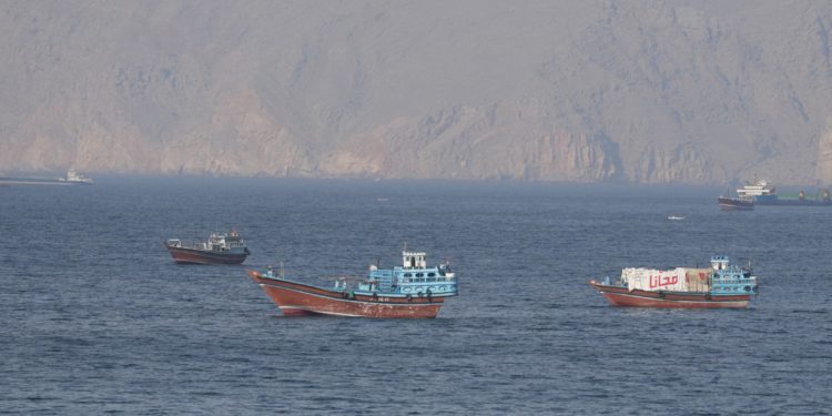 Ships and tankers in the Strait of Hormuz off the coast of Musandam